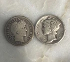 2 - Vintage Silver Dimes, 1915 Barber & 1944 Mercury, 90% Silver. Circulated