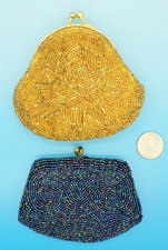 2 VINTAGE GLASS BEADED COIN PURSES GOLD  BLUE - ALL ORIGINAL - 1 BELGIUM MADE