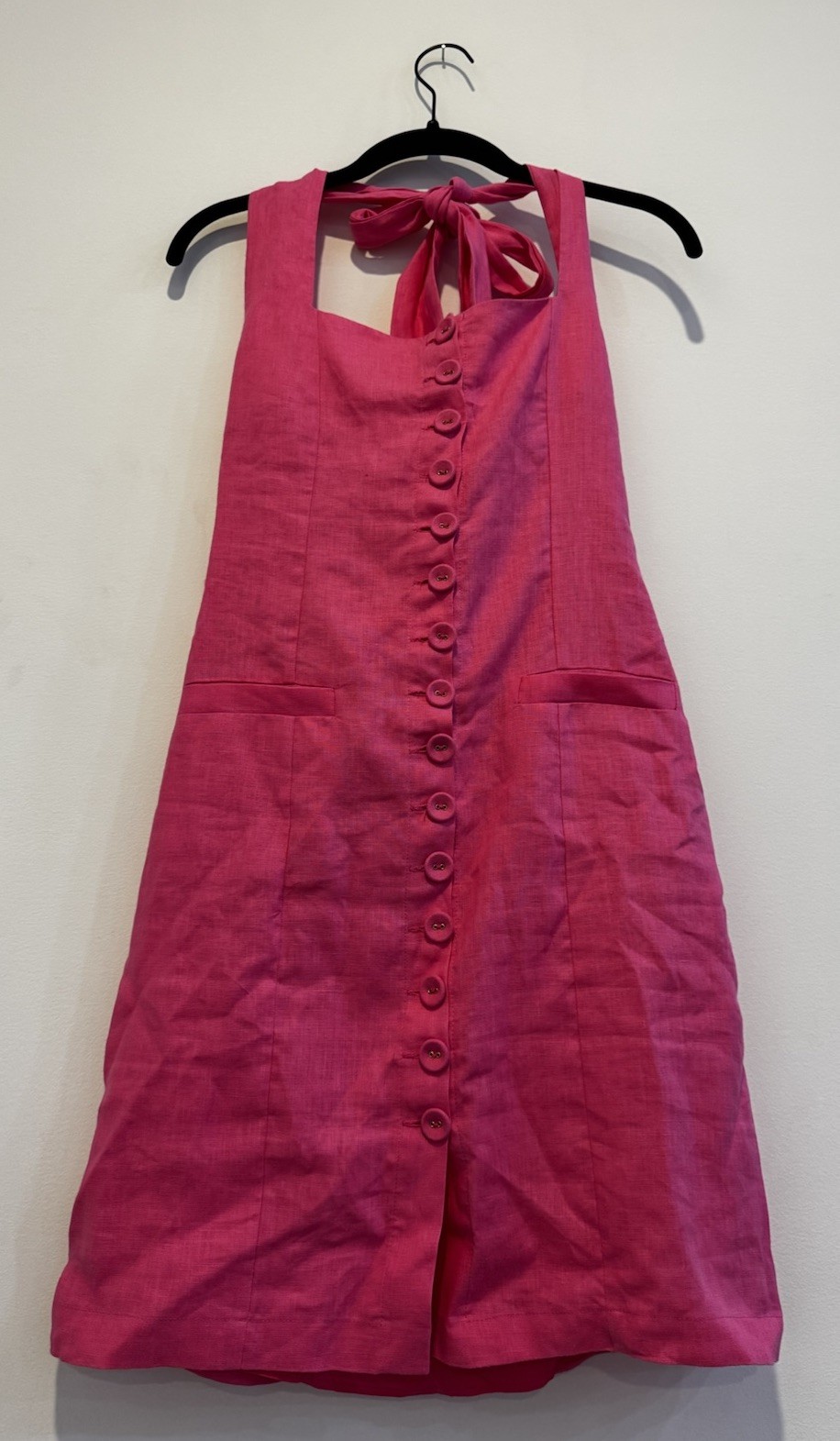 ADL Pink Halter Mini Dress Button Front Tie Neck Linen Blend Pockets Size S