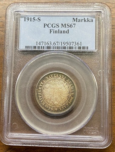 💎 1915 S Russia Finland 1 Markka PCGS MS67 Superb Gem BU, Great Toning!