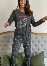 Pour Moi Size 18 Grey Jersey Cotton Cat Pyjama Set Top & Bottom NEW