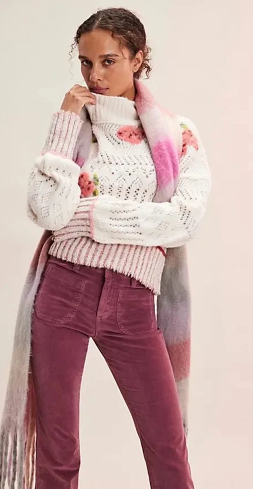 Suéter Suéter Free People Inge Tejido Floral Recortado Acanalado Marfil Rosa XS NUEVO Foto 2 de 4