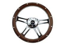 14" Billet Chrome Steering Wheel with Mahogany Wood Half 4 SPOKE ROUND EDGES