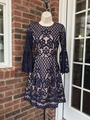 Eliza J Navy Blue And Nude Lace Overlay Cocktail Dress