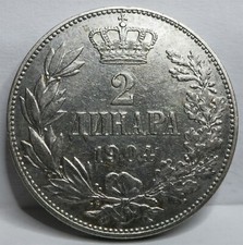 SERBIA YUGOSLAVIA Kingdom 2 Dinara Dinars 1904 XF Silver King Peter Crown #E23