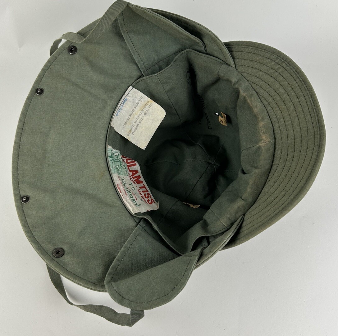 colamtiss hunting world キャップ Vtg Army Green Drab Fishing Hat Neck Flap 7 1/4 Hunting
