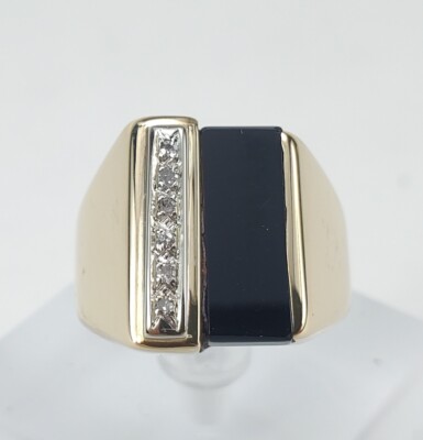 14k Multi Tone Gold Large Black Onyx Natural Diamond Solid Mens