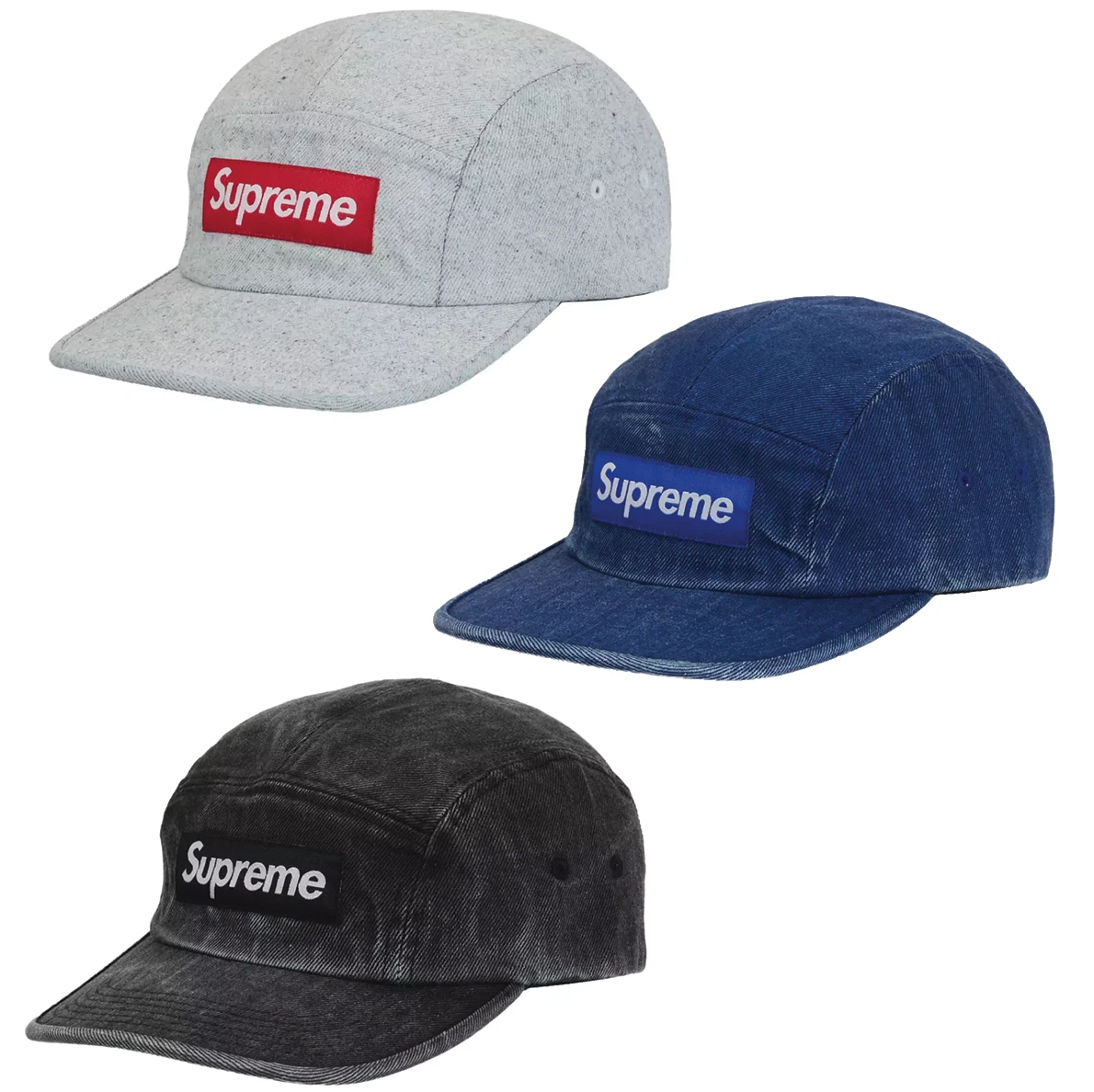 Casquette de camp en denim enduit suprême noir royal blanc taille réglable