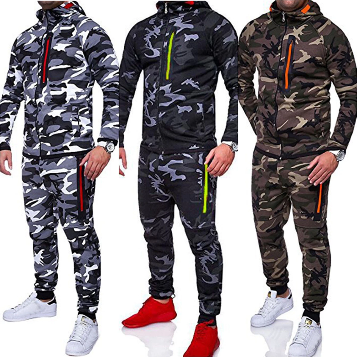 Man s Camo Tracksuit Set Hoodie Top Bottoms Jogging Pants Fitness Sports Suit