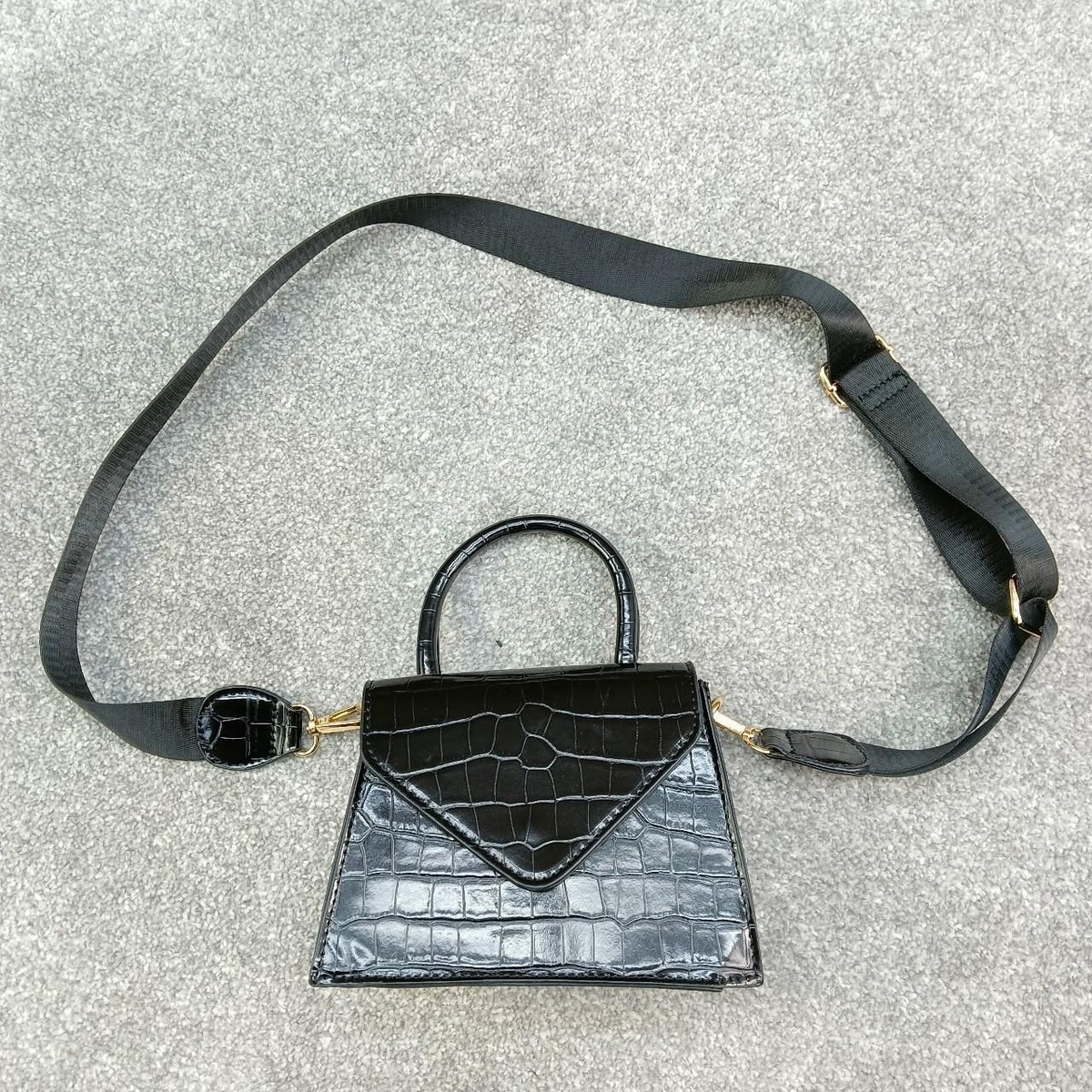 BOOHOO BLACK CROC HANDBAG SHOULDER FAUX LEATHER CROSSBODY BAG SATCHEL Y2K