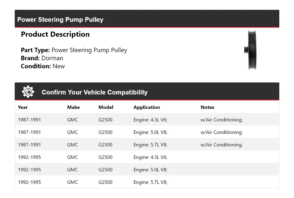 For 1987-1995 GMC G2500 Dorman Power Steering Pump Pulley 1988 1989 1990 1991 - Image 2 of 4