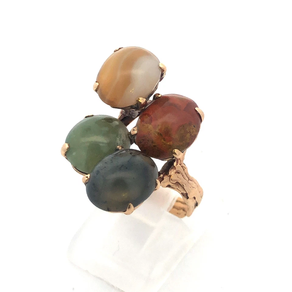 Retro Custom 14K Yellow Gold Jade Agate Jasper Protection Strength Courage Ring - Image 3 of 4