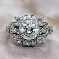 2 CT Round Real Moissanite Art Deco Engagement Ring 14K White Gold Plated Silver