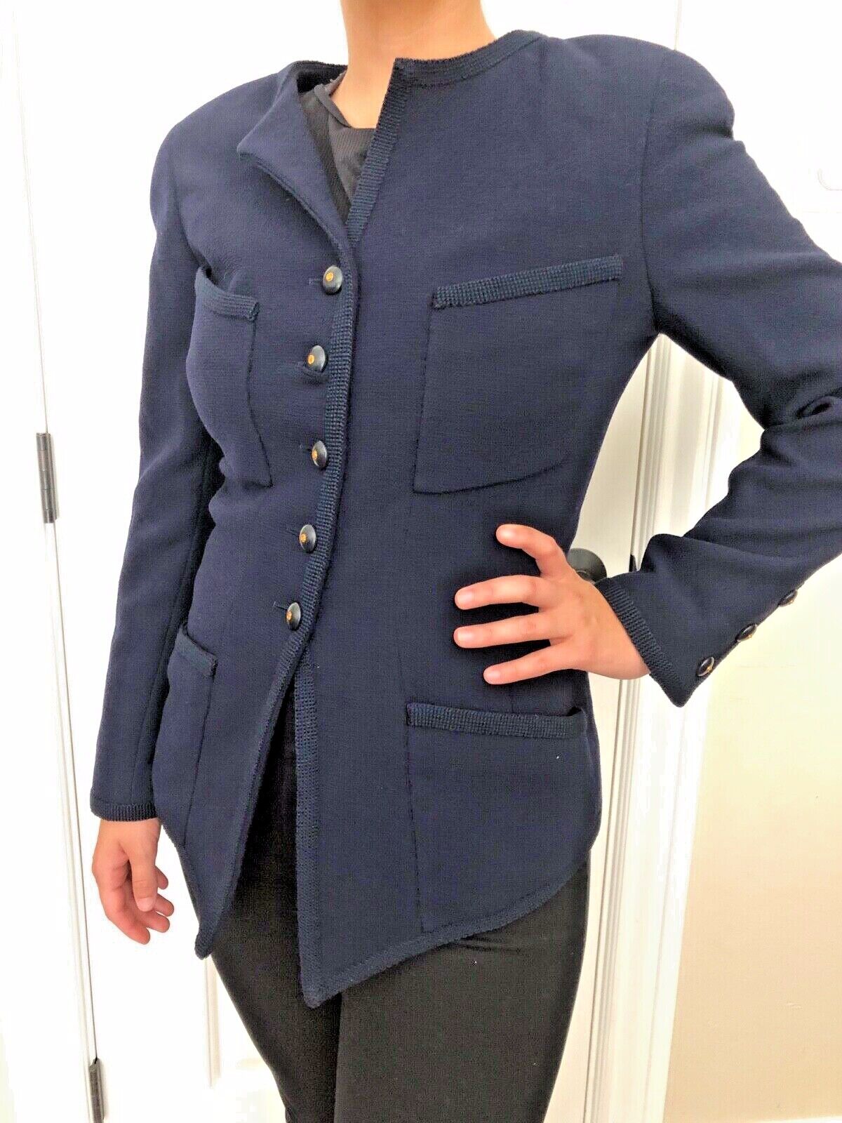CHANEL Boutique Vintage Navy Wool Jacket w/ gold chain lining