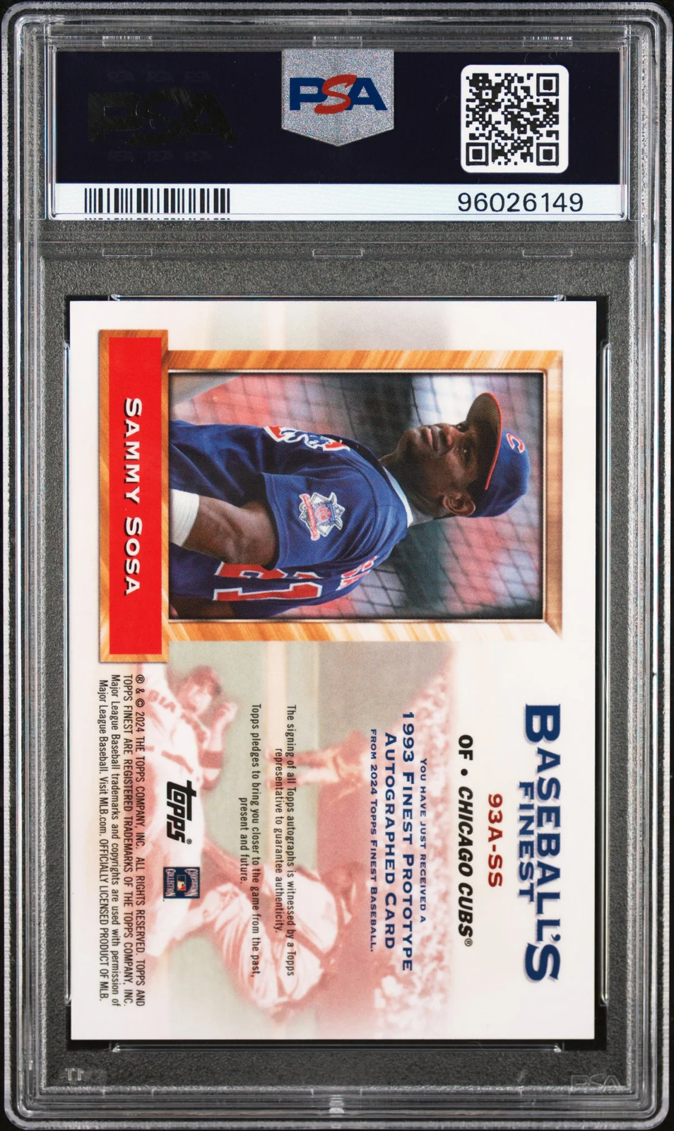 2024 Topps Finest 1993 Finest Prototypes Auto Sammy Sosa #93 /99 PSA 10 Auto 10 view 2