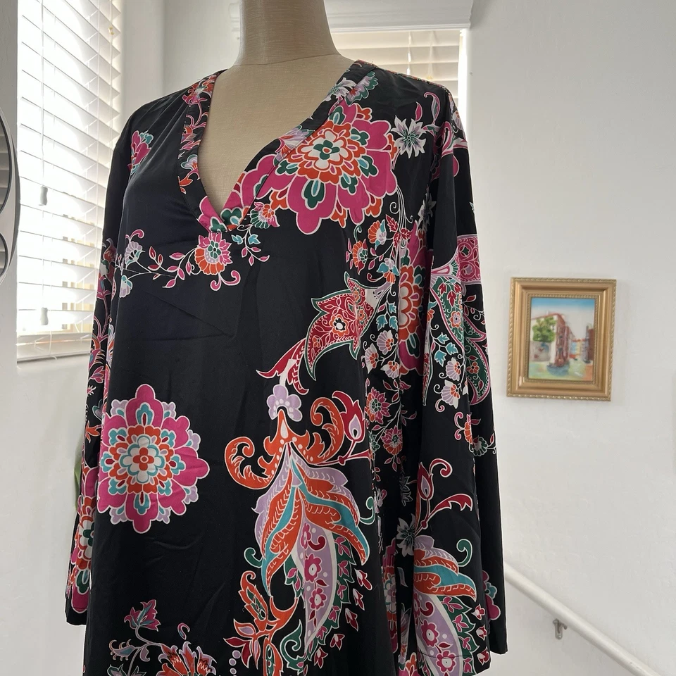 Vestido Natori Caftán Floral Paisley Negro Rosa Jaipur Satinado Midi Talla XL Caftán Foto 4 de 4