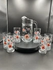 Vintage Anchor Hocking Pink Floral 1.5 Liter Pitcher With Six 8 Ounce Glasses