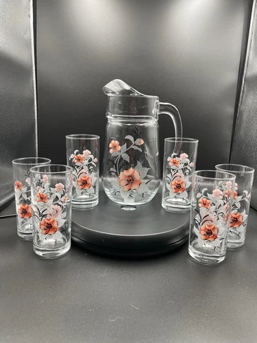 Vintage Anchor Hocking Pink Floral 1.5 Liter Pitcher With Six 8 Ounce Glasses