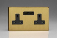 13A Socket Brass + USB 2-Gang Screwless Brushed Black Insert Varilight XDB5U2BS