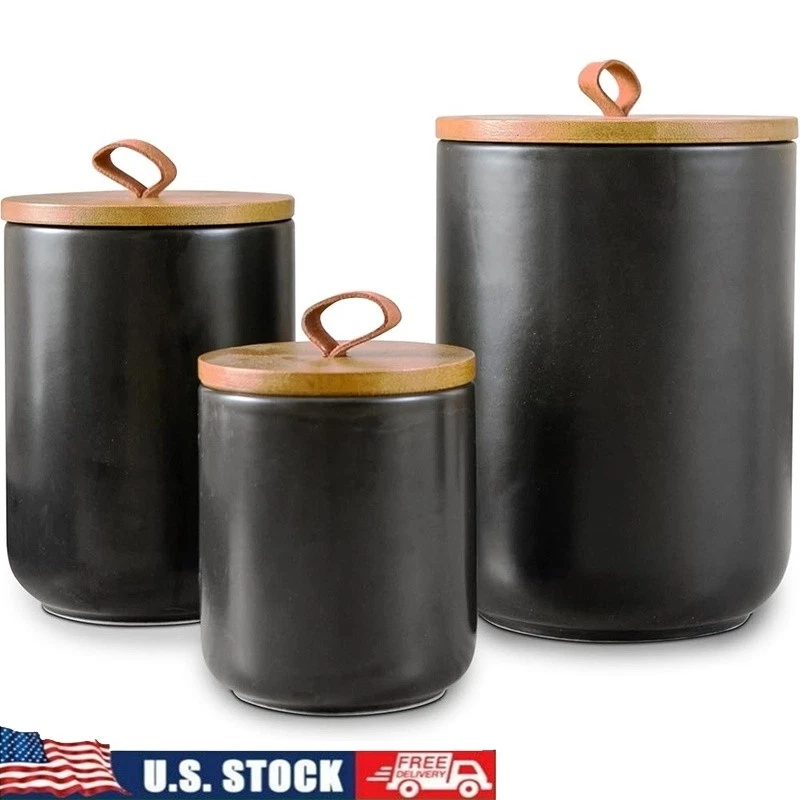 Ceramic Canister Set Airtight Storage Jars Wooden Lids Kitchen Organization Gift