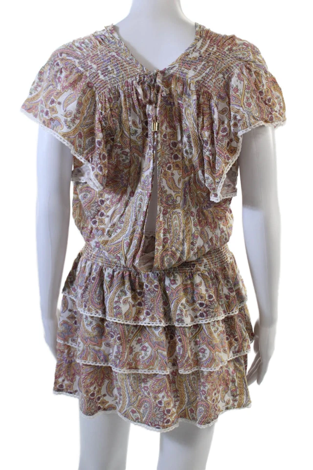 Mini Vestido Melissa Odabash Para Mujer Estampado Paisley Cuello en V Volantes Beige Talla M Foto 3 de 4