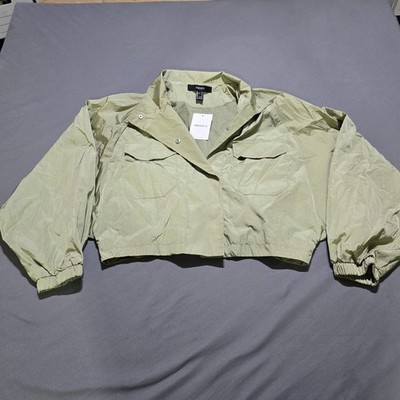 new Forever 21 Windbreaker Jacket Womens Small Sage Green Cropped Mesh Snap