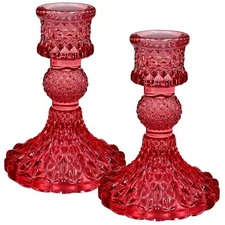 Glass Candlestick Holders Set of 2，Taper Candle Holders Fit 0.8 Inch Red
