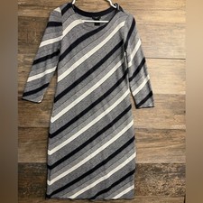 Ann Taylor Diagonal Stripe Long-Sleeve Dress in Gray, Navy, White