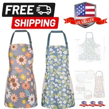2 Pack Floral Aprons with Pocket Blooming Womens Waterproof Adjustable Cookin...
