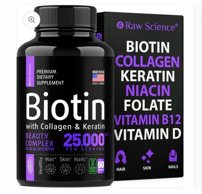 Raw Science Biotin with Collagen and Keratin Supplement V2 EXP 03/2026