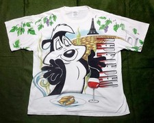Vintage PEPE LE PEW All Over Print T-Shirt XL Graphic LOONEY TUNES Paris Wine