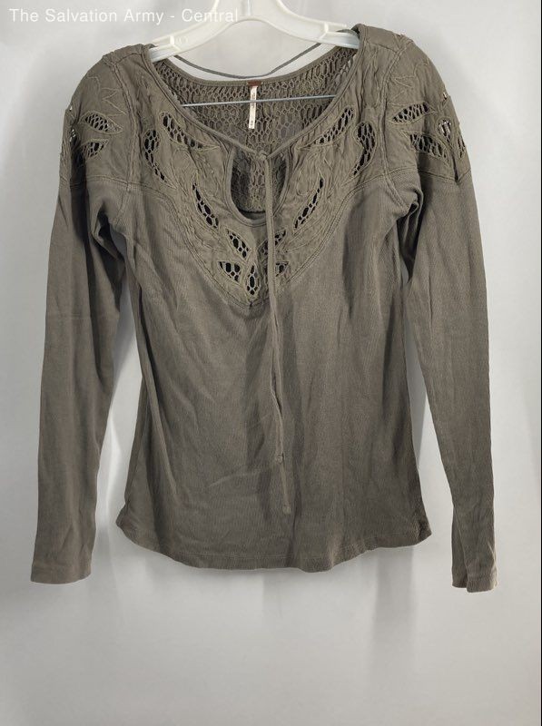 Free People Womens Taupe Long Sleeve Tie Neck Crochet Blouse Top Size Medium