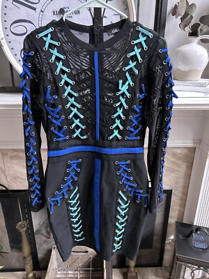 $180 ATHINA black w/multicolor lacing long sleeve pencil dress sz M