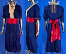 Titanic Era Blue Silk White Net Camisole Red Bow Belted Trim Tea Gown Dress VTG