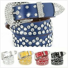 Ladies Wide Faux Leather Belt With Crystal Rhinestone Trimmed Waist With Buckle
