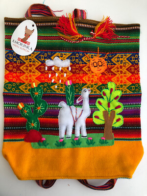 Kids Alpaca Handmade Backpack New w/Tags Multicolor Base is Bright Deep Yellow