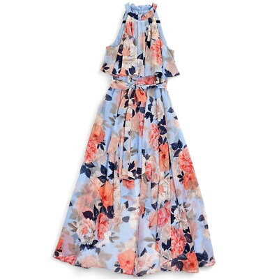 Eliza J Floral Halter Maxi Dress Size 6 Blue Pink Ruffled Chiffon Tie Waist  | eBay