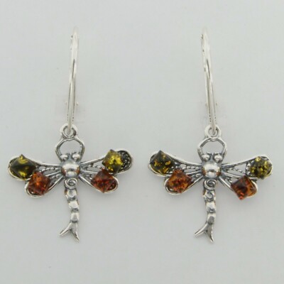 Multi-Color BALTIC AMBER Dragonfly Earrings 925 STERLING SILVER Leverback #5517e