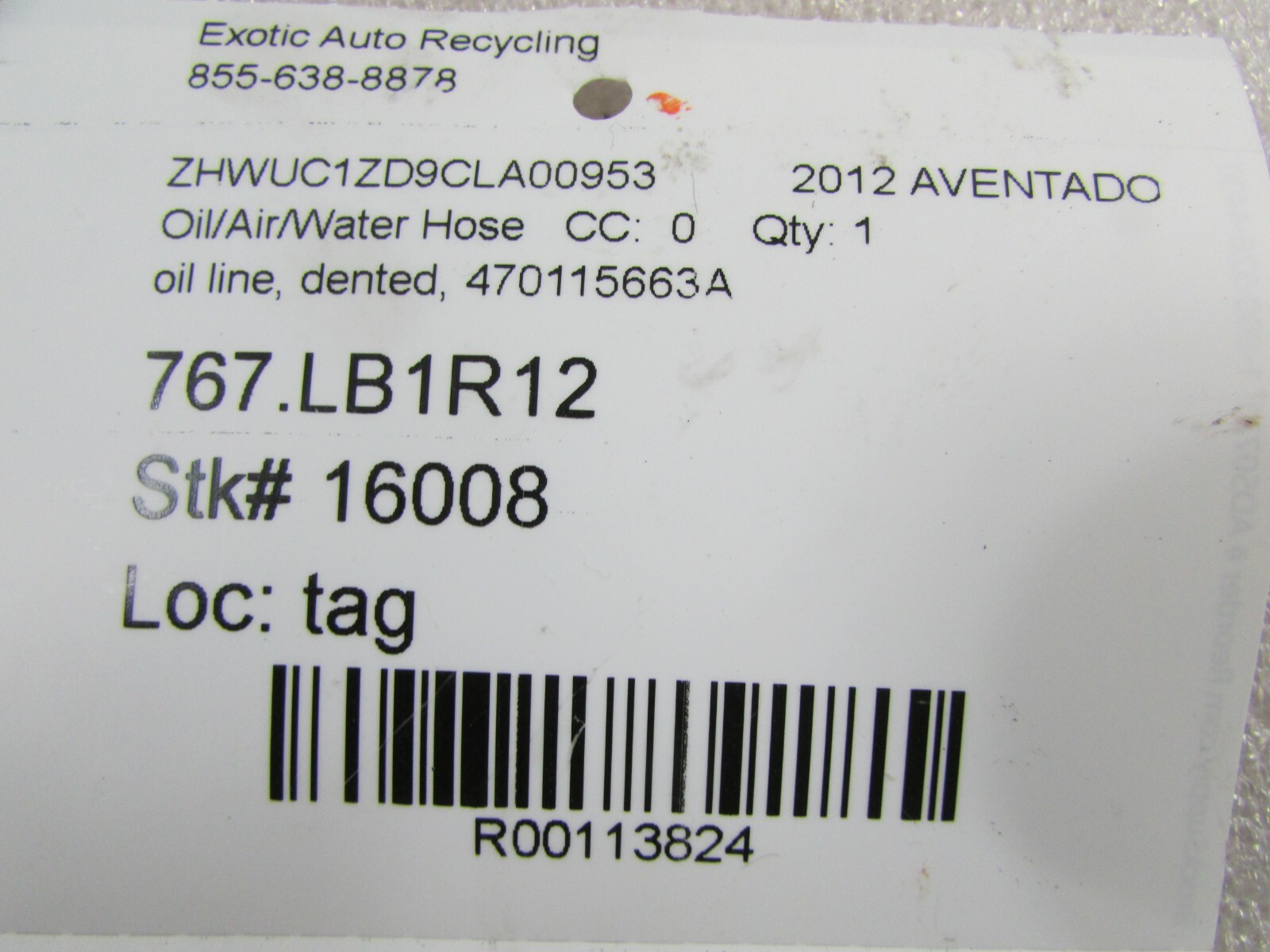 Lamborghini Aventador LP-700, Oil Cooler Line, Used, P/N 470115663A
