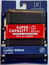 GEORGE BIFOLD WALLET JUMBO RFID MEN GENUINE Black LEATHER FITS 17 CARD SLOTS NEW