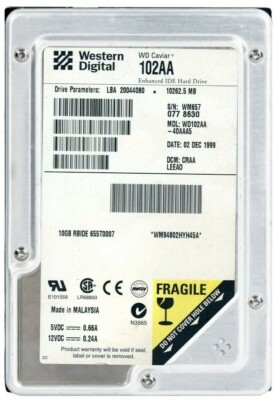 Hard Drive Western Digital Caviar 10.3GB 5400RPM 2MB ATA IDE WD102AA 3.5'' Inch