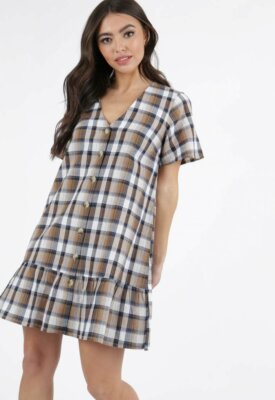 brown check dress women Terra Cotton Check Smock Mini Dress