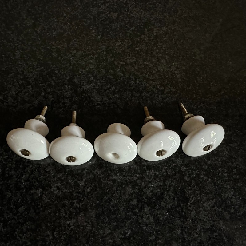6pc Vintage White Porcelain Cabinet Knobs Drawer Pull 1.25" Mushroom Screw Vtg *