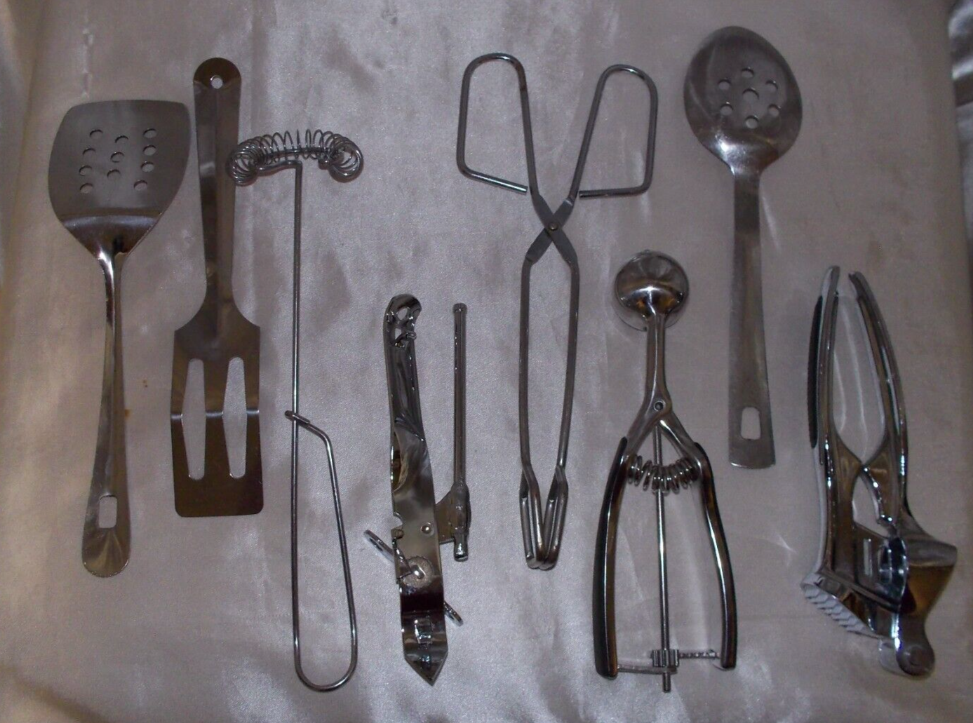 8-pc Stainless Steel Kitchen Utensils Garlic Press Whisk Tongs Spoon, used, LOT-image