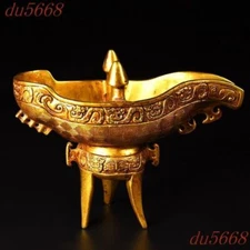 6"Chinese bronze Gilt Ancient palace Feng Shui goblet wineglass cup statue