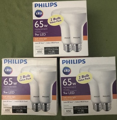 6-Philips LED Dimmable 9-watts LED = 65W Soft White 650 Brightness bulb BR30