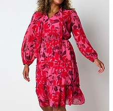 Liz Claiborne NEW Floral Dress-sz 6-long sleeve, lightweight tie neck smocked