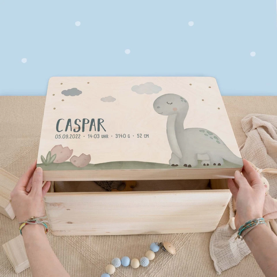 Peronalisierbare Erinnerungsbox "DINO" Erinnerungskiste Geschenk Geburt Kinder - Bild 2 von 4