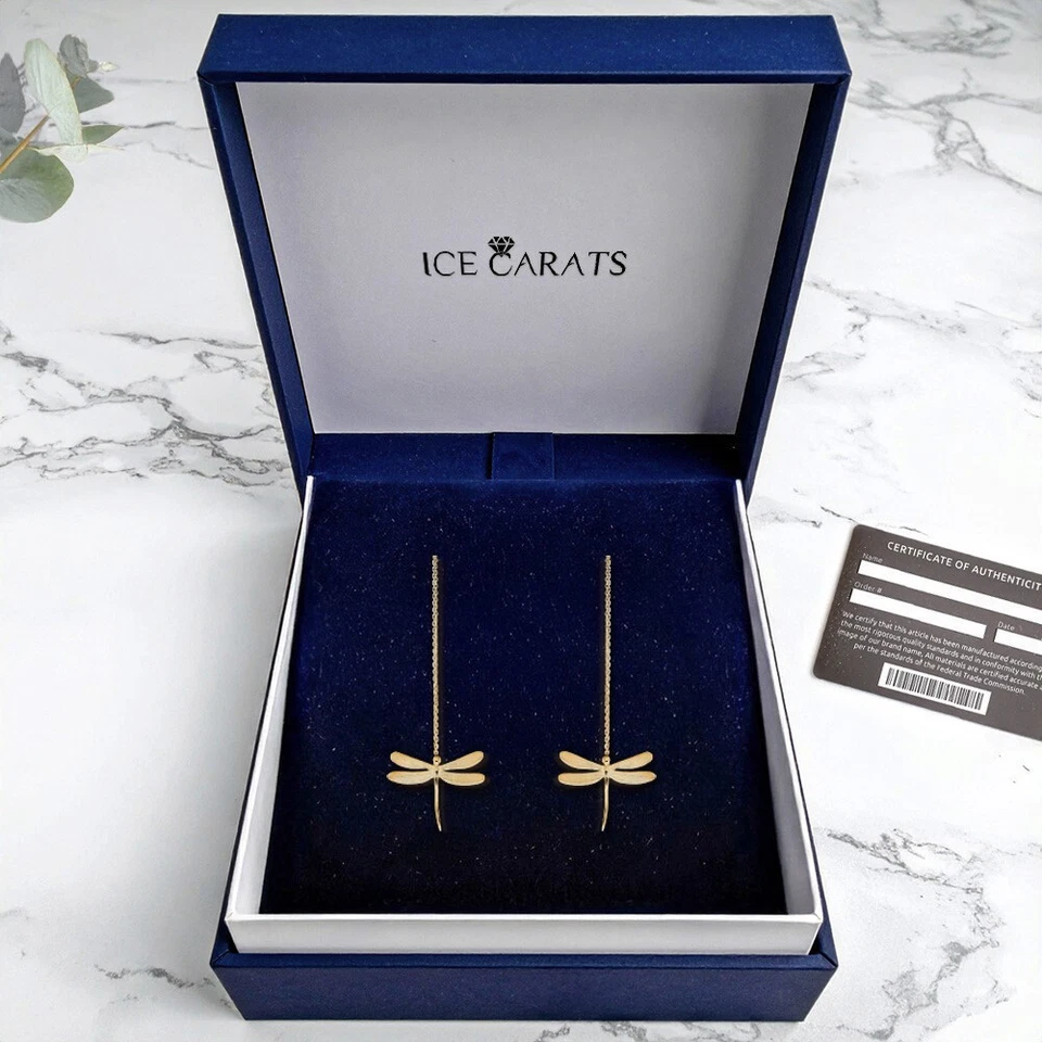 14K Solid Yellow Gold Dragonfly Studs Threader Earrings - Image 2 of 4