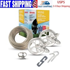 Heavy Duty Clothesline Kit Steel Cable Gold Silver Pulleys Winch Hooks 150ft